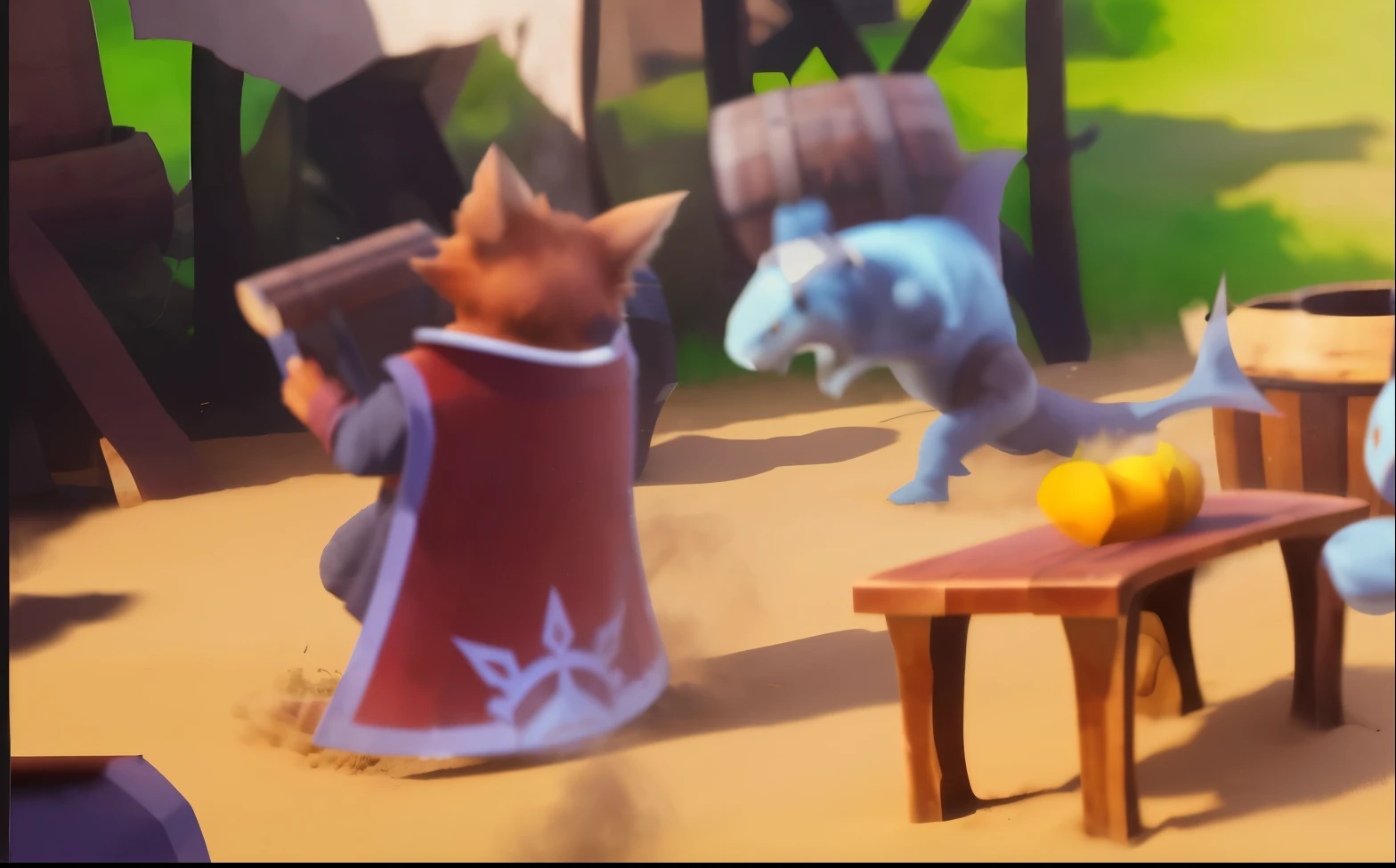 A fox carrying a shield on our back, a sharkmonster running around with a barrel kicking up dust, super clear, high quality, 4k, super realistic, realistic, so much detail