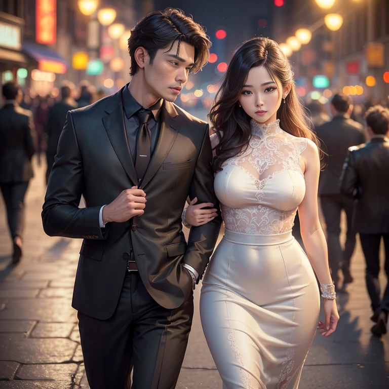 ((Top Quality, 16k, Masterpiece, photorealism, photography, Realistic)) encontry couple, woman and man, like a kdrama scene, real body, full body, Highly detailed face and texture, beautiful eyes, Detail hair, good proportions, anatomically correct, high details, full clothes, at night, city lights, romantic