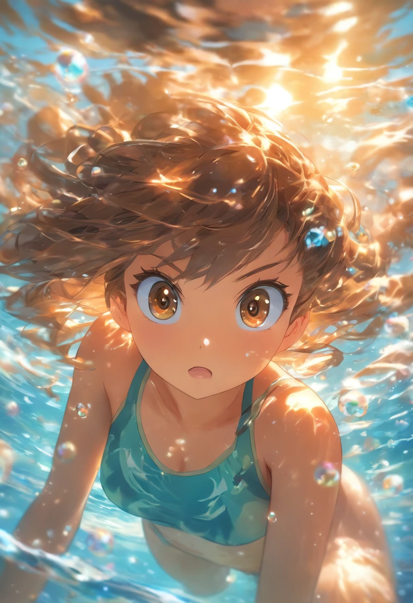 shortening,  Depth of bounds written, masterpiece, highest quality, 1 girl, brown hair, brown eyes,  long hair, in water, air bubble, alone, looking at the viewer, school swimwear, swimming,  dappled sunlight,