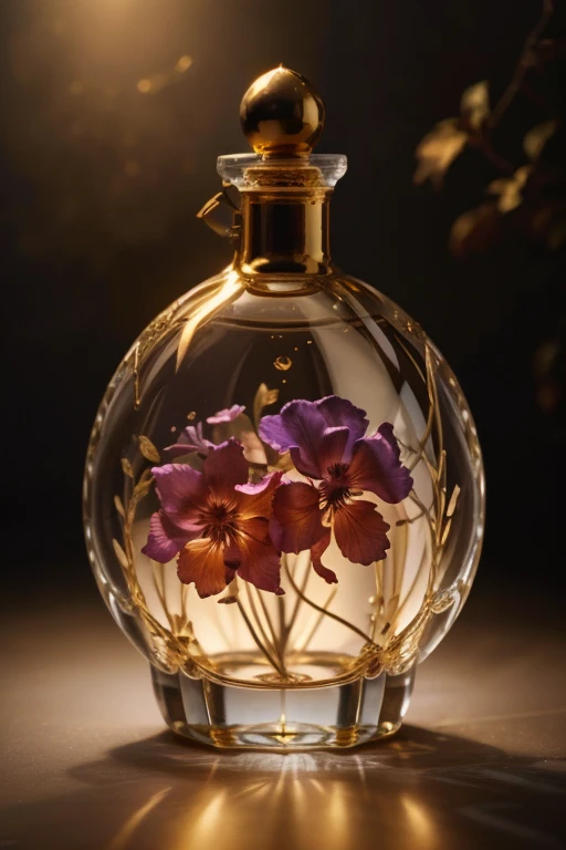 best quality,ultra-detailed,rich colors,soft lighting,(dark, mysterious) atmosphere,vivid silk flowers,sparkling glass bottle,elegant gold accents,exquisite hand-engraving,deep color gradient,subtle smoke wisps,glowing enchanted aura,surreal dreamlike quality,reflections and shadows,meticulous attention to detail