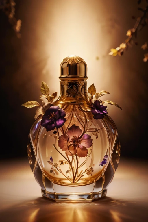 best quality,ultra-detailed,rich colors,soft lighting,(dark, mysterious) atmosphere,vivid silk flowers,sparkling glass bottle,elegant gold accents,exquisite hand-engraving,deep color gradient,subtle smoke wisps,glowing enchanted aura,surreal dreamlike quality,reflections and shadows,meticulous attention to detail