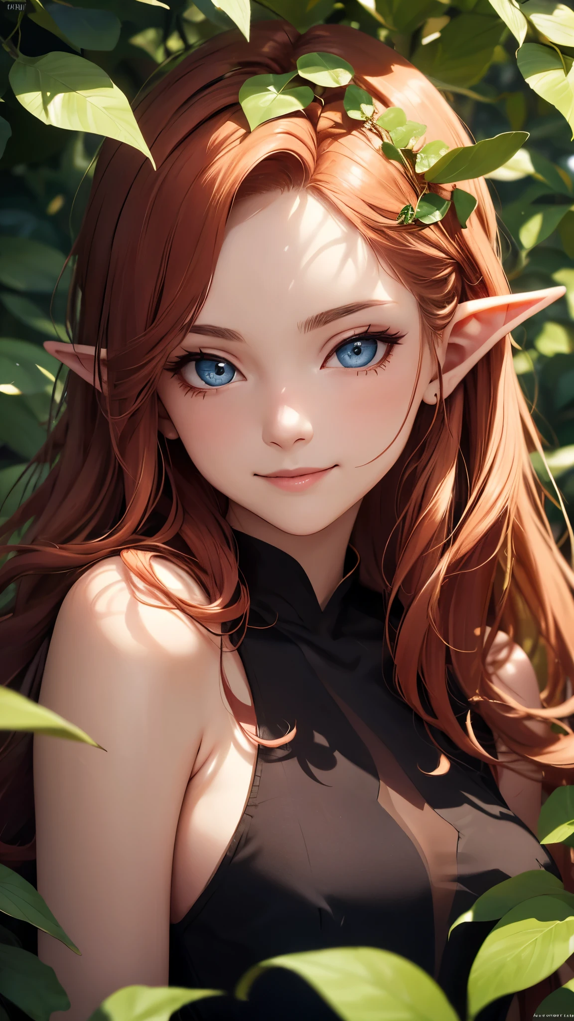 (masterpiece), best quality, expressive eyes, perfect face, Mature elf lying among leaves, red wavy hair, Wearing transparent silk clothes, plump figure, Exquisite facial features, Realistic picture quality, A Nordic woman about 18 years old, Surrealism，Smile