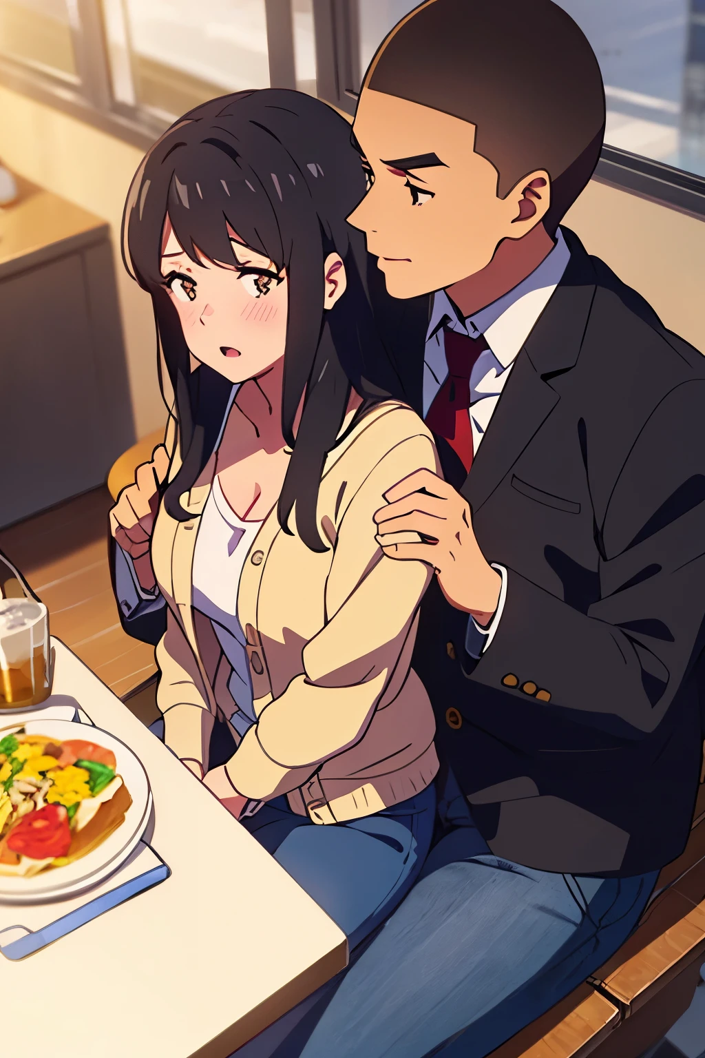 shinkai makoto, kimi no na wa., 1boy, buzzcut, office attire, boy's arms placed over girl's shoulder, drunk, boy sit beside girl, 1girl, bangs, black hair, brown eyes, open mouth, blush, twisted half up, red ribbon, long hair, long sleeve light yellow cardigan, open shirt, white shirt, cleavage, breast, medium breast, blue pants, drinking party,nomikai, table, food drinks, beer, indoors, masterpiece, perfect anatomy, cowboyshot,