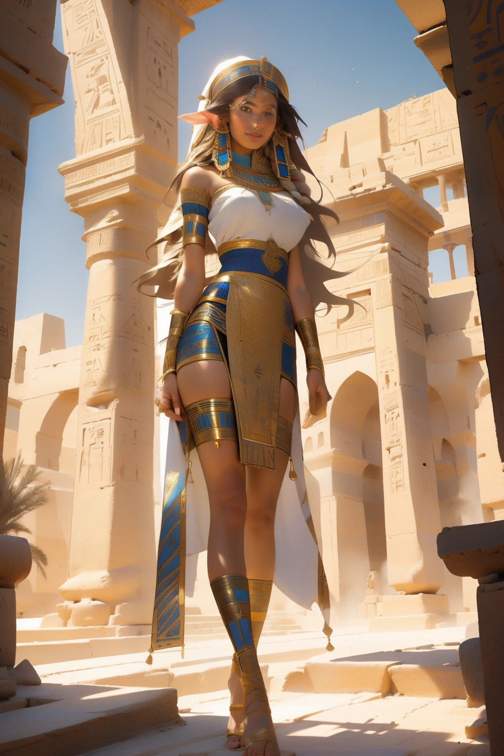 Create an illustration of an ancient Egyptian scene, capturing the mystique and grandeur of this iconic civilization. Depict an elf girl with long, wavy locks, adorned in traditional Egyptian attire, standing amidst the ruins of a grand temple. The intricate details of her elegant garments and intricately braided hair should shine through.

The ancient Egyptian background should be rich in color and texture, with towering structures adorned with hieroglyphics. With bold, thick brushstrokes, render the warm, sun-kissed desert sand and the brilliant blue sky filled with cloud formations. In the distance, depict rolling dunes and the Nile river winding