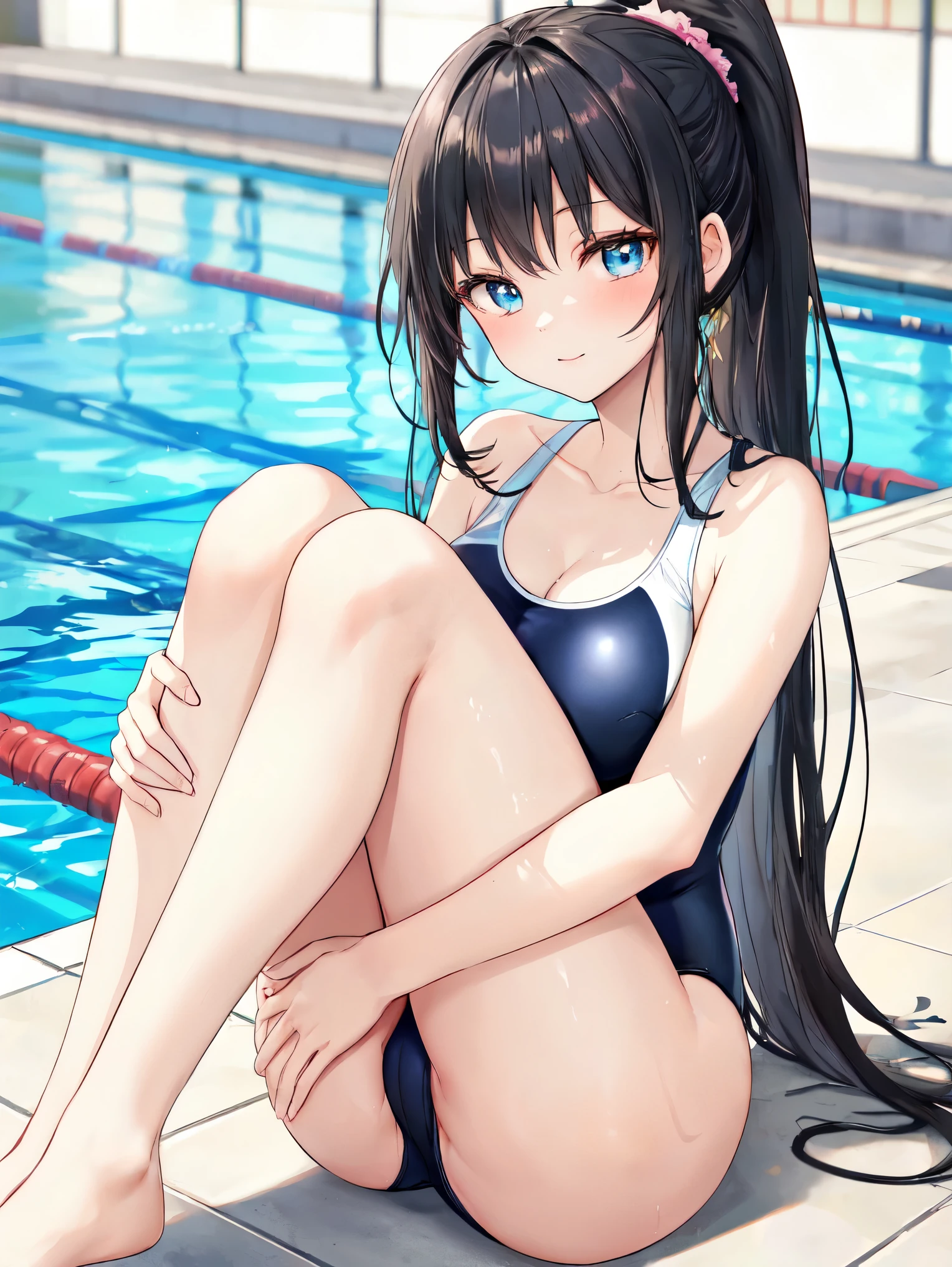 8k, (ultra-detailed:1.3, master piece:1.3, best quality:1.3, high resolution:1.3), (complete fingers), shoot from below, 18year old, High school students, 1 girl, beautiful face, large and beautiful breasts, (slim waist), collarbone, Blue eyes, BREAK (long hair, black hair:1.3), BREAK (sit, own hugging legs), Laugh, BREAK (school, poolside), (school swimsuit), high ponytail,