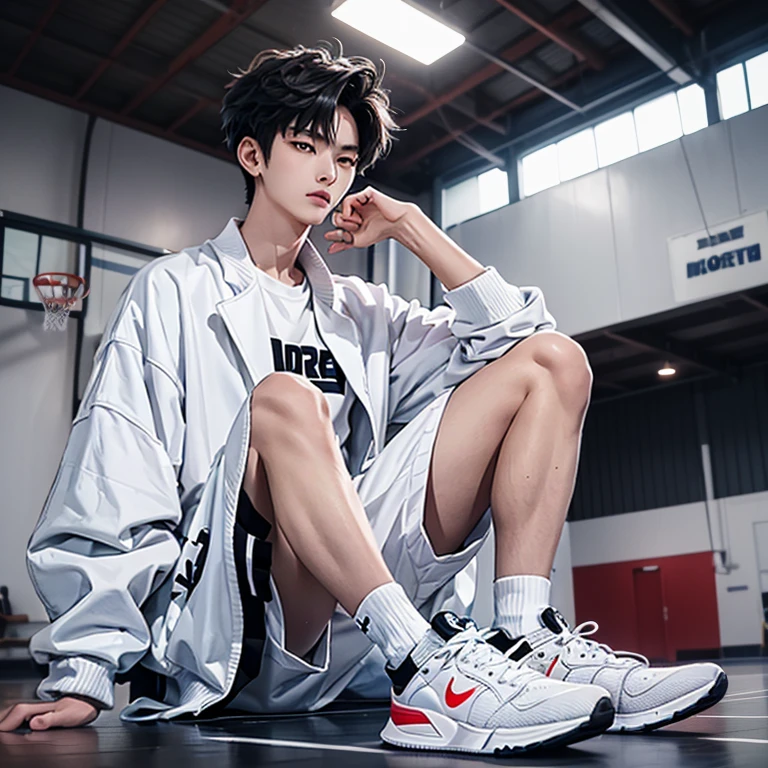 1 Korean young men,male,20 years old,High,Height is 180 cm,Hair is medium length,White coat,black sweatpants,Nike shoes,White sport socks,Sit on the basketball court,legs open,Badass anime 4k ,POV perspective,Proud,Cold,looking into camera