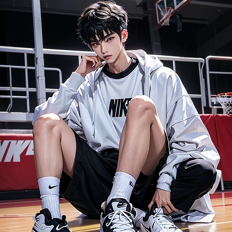 1 Korean young men,male,20 years old,High,Height is 180 cm,Hair is medium length,White coat,black sweatpants,Nike shoes,White sport socks,Sit on the basketball court,legs open,Badass anime 4k ,POV perspective,Proud,Cold,looking into camera