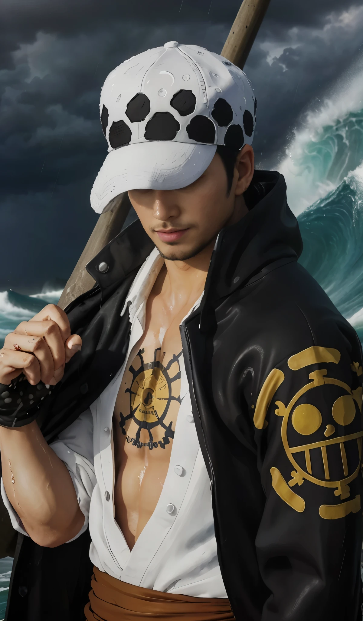 (masterpiece), (realistic), (ultra detailed), ( high reest quality), (photorealistic), (perfect face), (perfect anatomy), man, male, solo, muscular, (((35 years old))), Trafalgar D. Water Law from one piece, Trafalgar D. Water Law, one piece, (((behind it there are big waves))), (((the weather is cloudy and heavy rain))), (((detailed fingers))), (((detailed hands)))