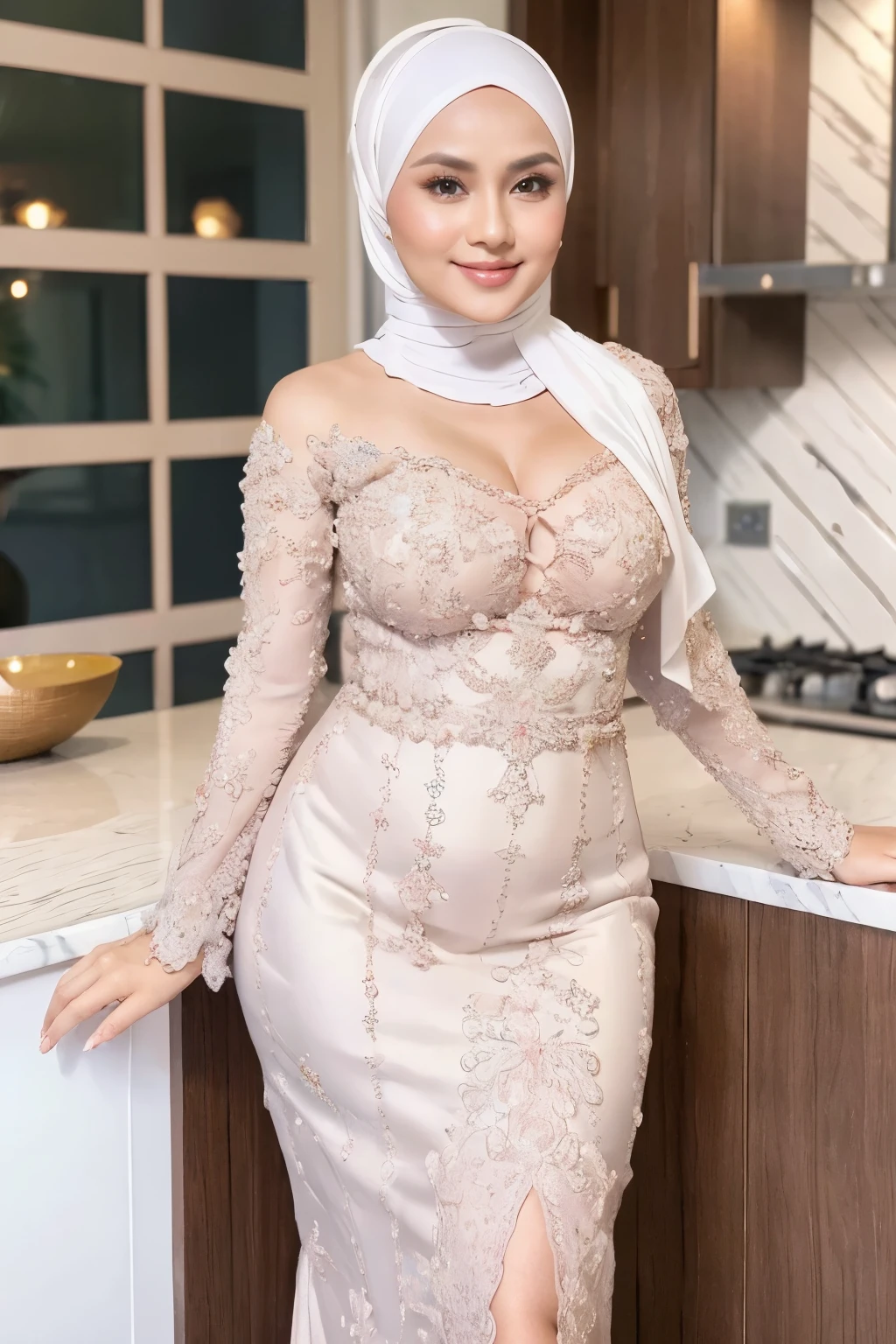 Hyper realistic, Beautiful, cute Face, 38 Years old russian MILF, (wearing hijab), wearing sexy long sleeves strapless kebaya dress, rounded small breast,  buttock:1.2, White Skin, slightly chubby, flirting smile, kitchen Background, upper body, Perfect Potrait, Bokeh Effect, Look at Viewer, Perfect Eye, Perfect Hand, Perfect Finger, (small breast), ((adorable:1.2)), ((masterpiece:1.1)), ((bokeh:1.2)), secy seductive pose