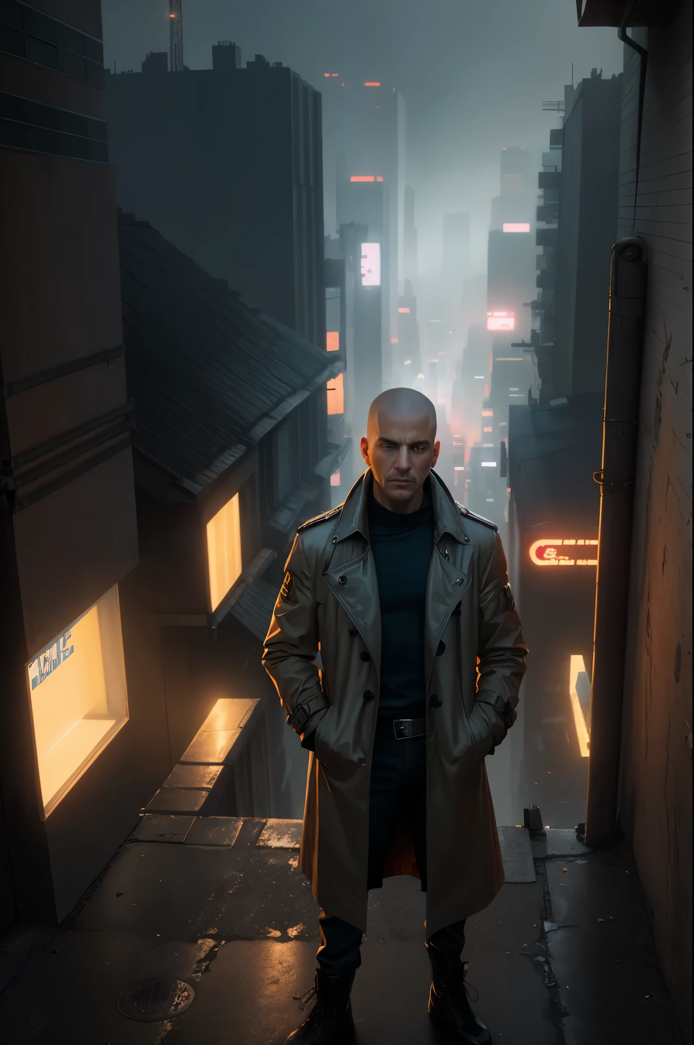 A man, 45 years old, brown eyes, hair shaved on the sides, combed back, unshaven, wearing a dark trench coat with the collars turned up. Hands in his pockets, He is leaning against the parapet of a building, observing from above the night of the cyberpunk city below in the background. Background futuristic cyberpunk make it realistic, Blade Runner, 8k, ultra hd