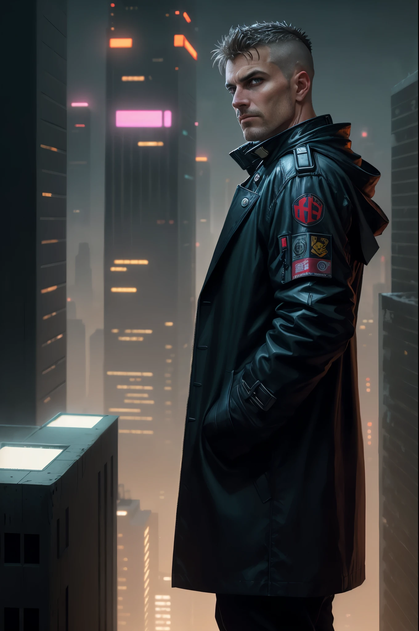 A man, 45 years old, brown eyes, hair shaved on the sides, combed back, unshaven, wearing a dark trench coat with the collars turned up. Hands in his pockets, He is leaning against the parapet of a building, observing from above the night of the cyberpunk city below in the background. Background futuristic cyberpunk make it realistic, Blade Runner, 8k, ultra hd
