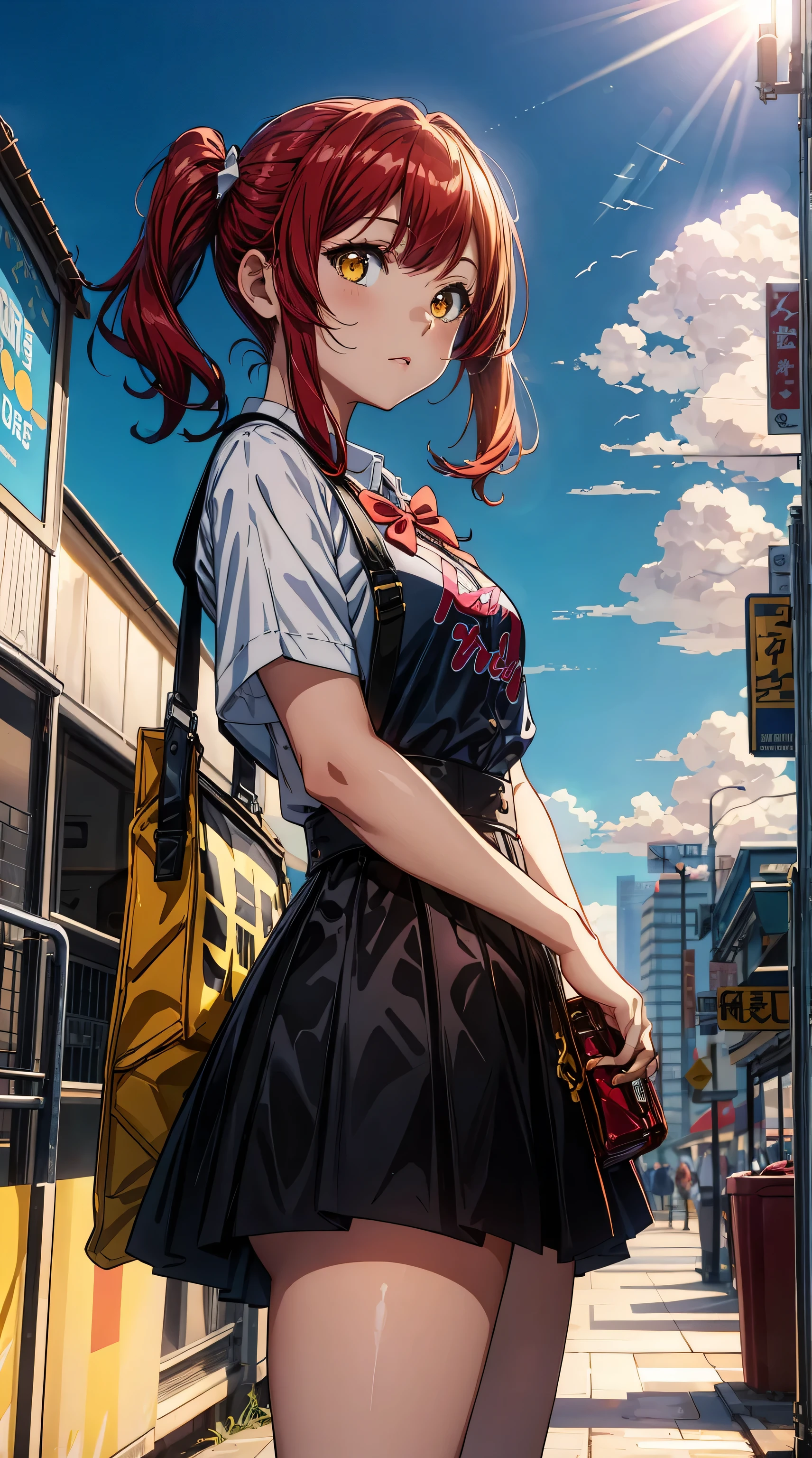 Anime girl standing in big city looking at rainbow sky, Near Future City (full red hair girl, pigtails and straight bangs hair, medium hair, yellow eyes, 13-year-old-girl) makoto shinkai, cyril rolando, anime art wallpaper 4k, Anime art wallpaper 8k, inspired by Cyril Rolando, in the style dan mumford artwork, amazing wallpapers,