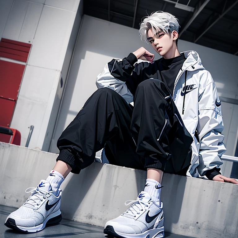1 Korean young men,male,20 years old,High,Height is 180 cm,Hair is medium length,White coat,black sweatpants,Nike shoes,White sport socks,Sit on the basketball court,legs open,Badass anime 4k ,POV perspective,Proud,Cold,looking into camera