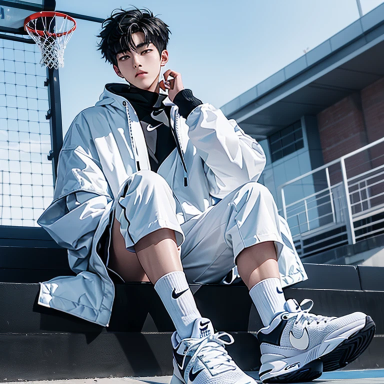 1 Korean young men,male,20 years old,High,Height is 180 cm,Hair is medium length,White coat,black sweatpants,Nike shoes,White sport socks,Sit on the basketball court,legs open,Badass anime 4k ,POV perspective,Proud,Cold,looking into camera