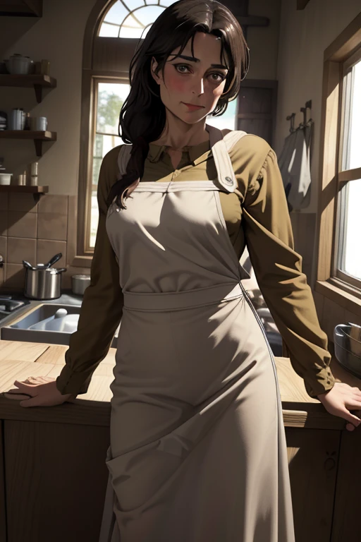 masterpiece, best quality, absurdres, perfect anatomy, 1girl, solo, Carla Yeager, long hair, hair over shoulder, apron, long skirt, smile