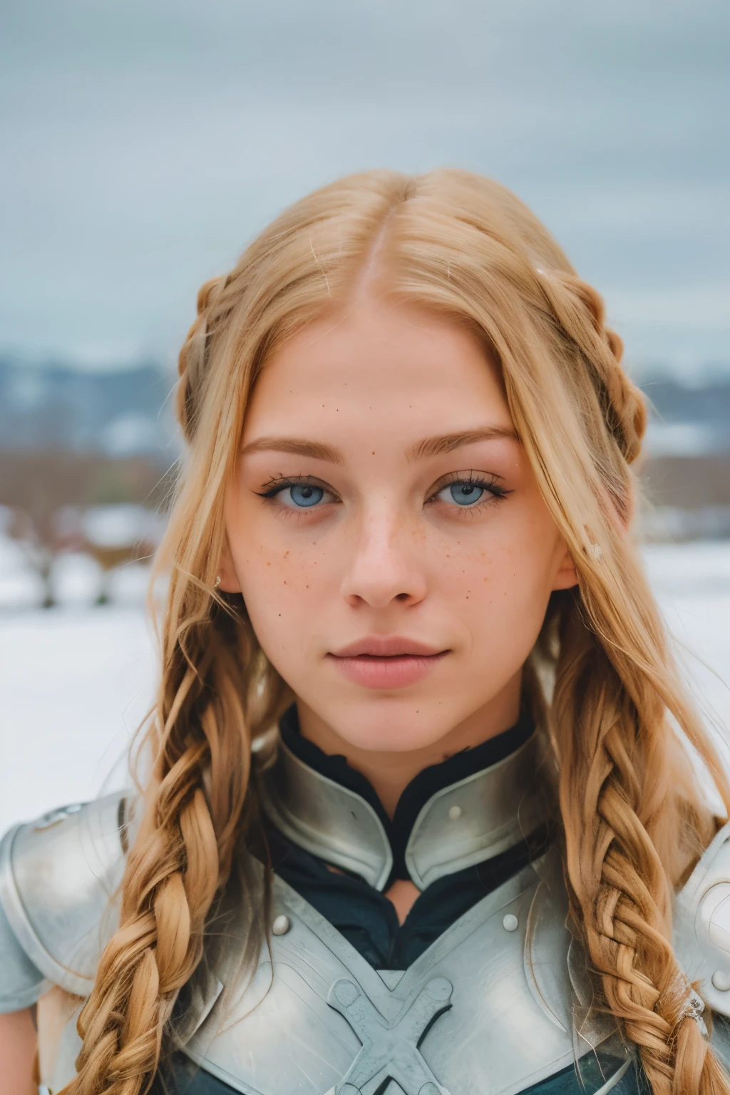 masterpiece, high quality, Freckles, freckles, long hair, yellow blonde hair, blue eyes, 1 girl, Viking, warrior V1k1ng, fur, leather armor, braids, snow, makeup, full body,
