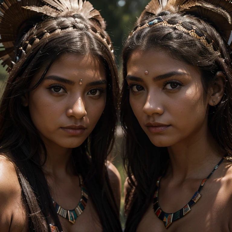 ((((Several native Brazilian women are completely naked in a forest.)))) (((Naked Native lesbian women in the jungle, feather props, Amazon Rainforest))) 4k, fotografia, obra-prima, melhor qualidade, ((mulheres mostrando os seios)).((grupo: 1.4)) pele morena, seios empinados,seios redondos, Poses variadas, vaginal, ((seios pequenos e redondos))(( mulheres pequena, coxas grossas)),((Seios muito macios, camel toe marcado)), Rosto ultra-detalhado, bochechas vermelhas, feather props, rosto pintado, Indigenous Painting, Girl with cute expression, olhos brilhantes e detalhados, bare foots, menina guerreira do sol. ((The girls are rubbing against each other with their breasts))