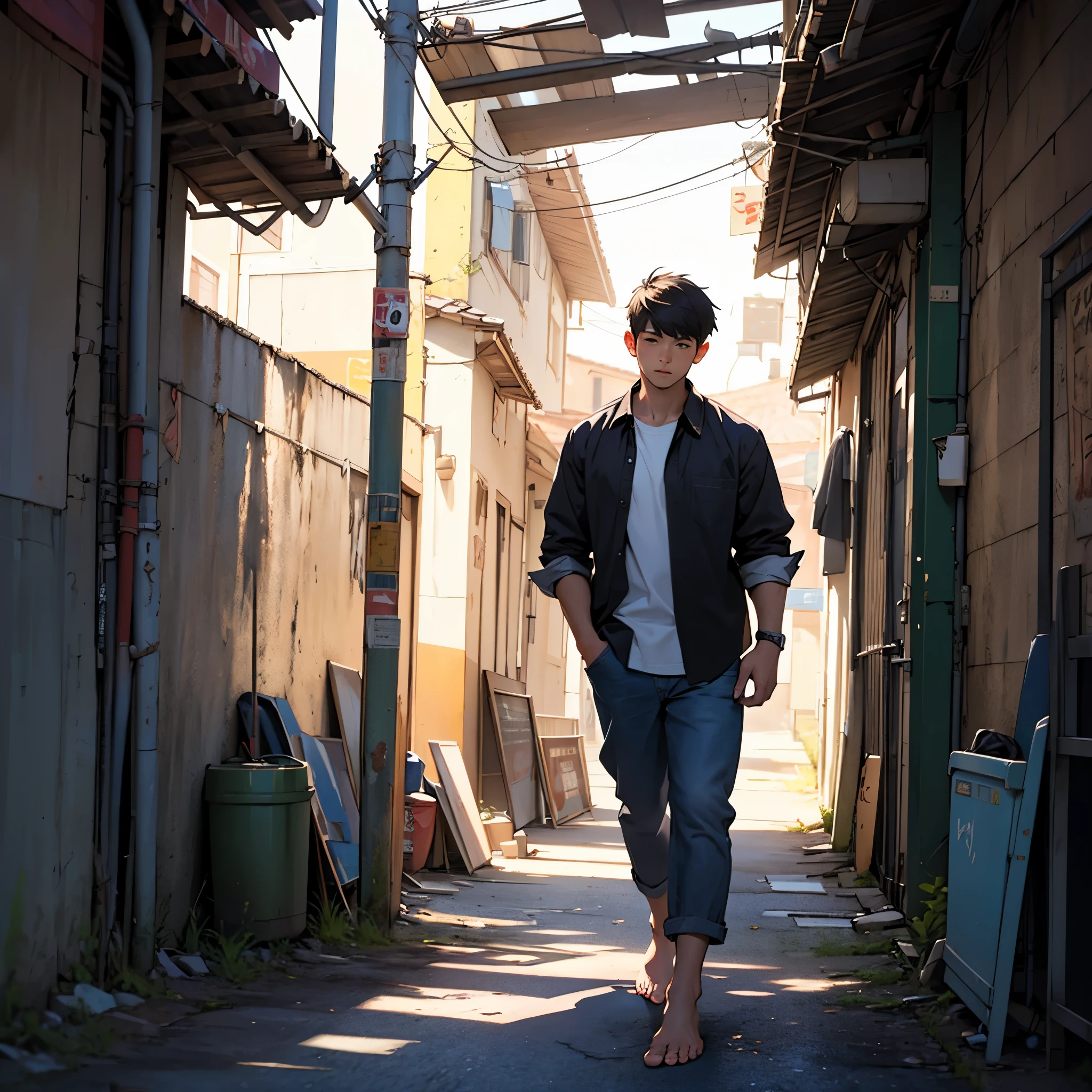 Best quality, masterpiec,ultra high res, one man, solo, real shadow and light, white dirty shirt, long pants, barefoot, short hair, teddy bear on his hand, in the playground, 13years boy,