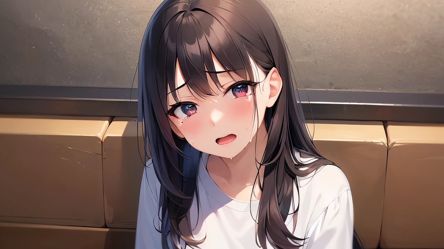 Realistic, real person, RAW photo, photorealistic, portrait photography, shiny skin, japanese idol、A 25-year-old woman with medium-long hair with bright chestnut bangs.、(wearing a white shirt:1.5)、sitting、(sobbing:1.1), open mouth, Alone、The background is a yakiniku restaurant