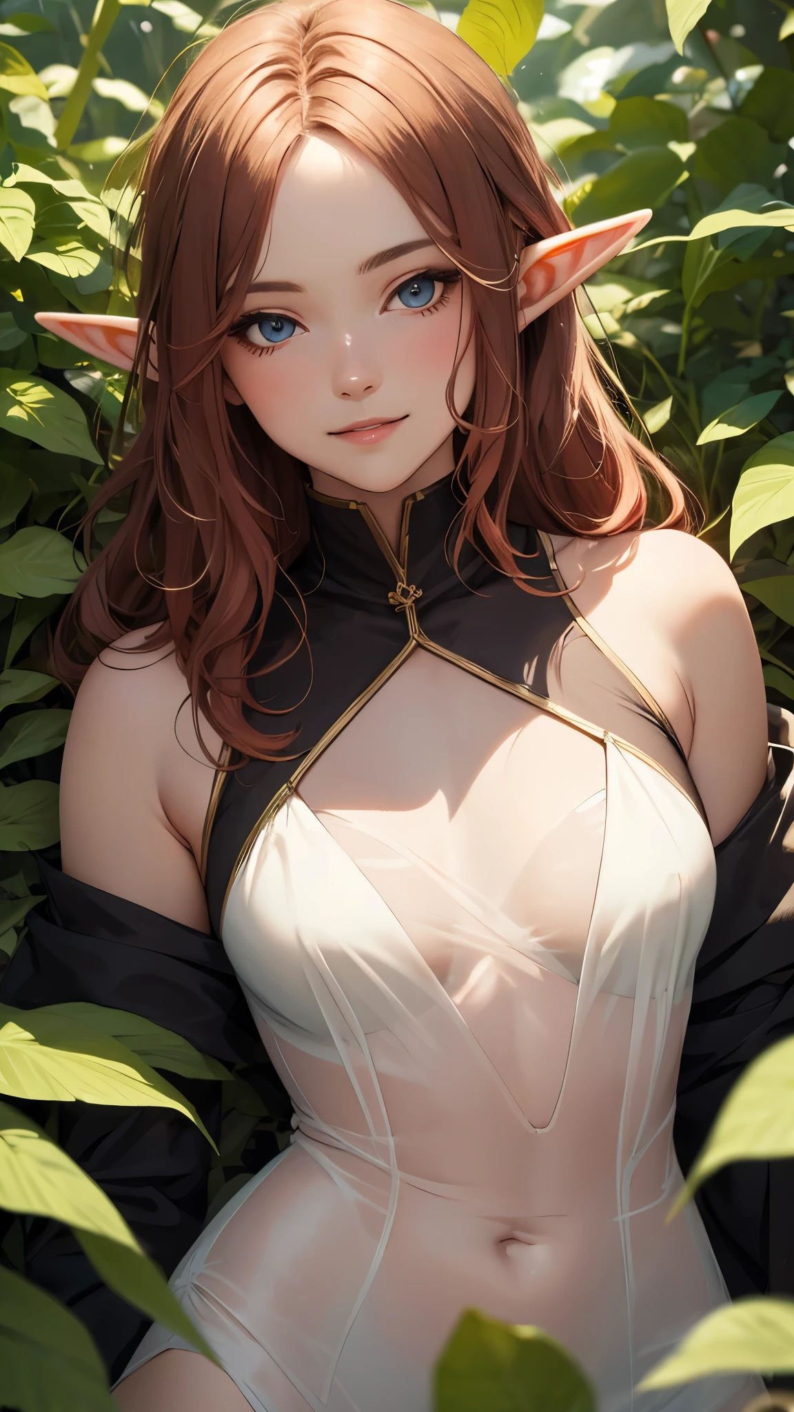 (masterpiece), best quality, expressive eyes, perfect face, Mature elf lying among leaves, red wavy hair, Wearing transparent silk clothes, plump figure, Exquisite facial features, Realistic picture quality, A Nordic woman about 18 years old, Surrealism，Smile