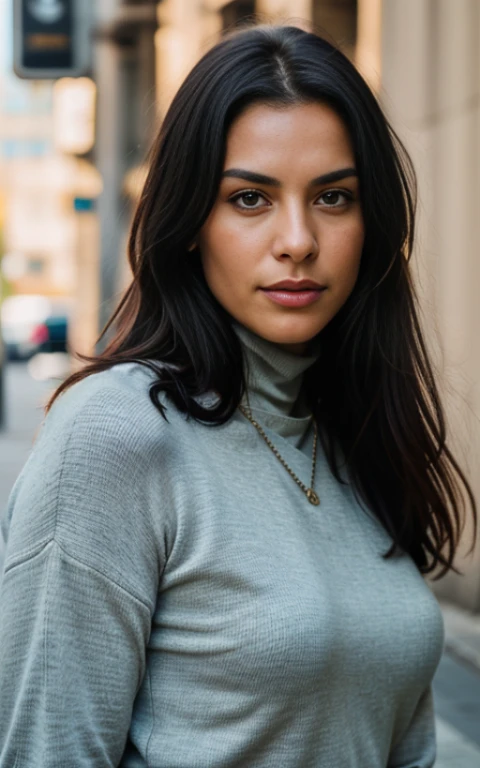 Beautiful mature woman, black straight hair, Casual chic, long hair, european style, inexpressive, Off-road, ((stuffing)), Photoreallistic, Photo, Realistic, realism, Photorealism, high contrast, Photorealistic Trending Digital Art in Street 8K HD High Definition detailed Realistic, detailed, skin texture, гипер detailed, реалистичная skin texture, turtleneck top, Best quality, сверхa high resolution, (Photoreallistic: 1.4), a high resolution, detailed, Photo скотина, Sharpe Re, par Lee Jeffries Nikon D850 film stock Photographie 4 kodak appareil Photo portra 400 objectif F1.6 colors, Rich texture, hyper-realistic solar lighting Unrealengine Cinestill 800,