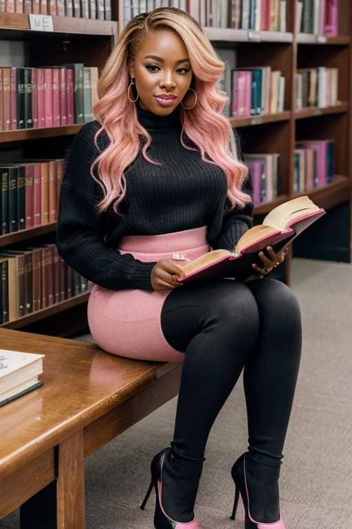 ((best quality)), ((masterpiece)), (detailed), perfect face, black woman with long pink and blonde hair curled and pushed behind the shoulders, pink lipstick, wearing a pink sweater, high waisted black pants and pink thigh highs with black mary jane shoes, reading a book in a library