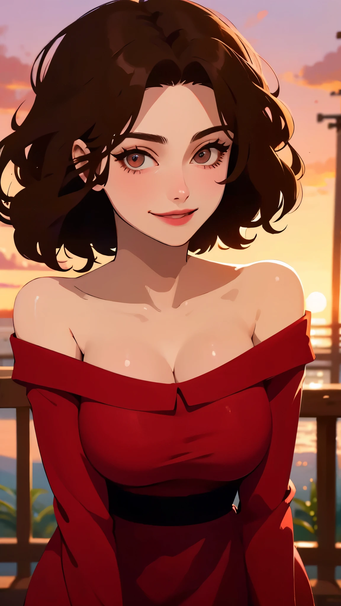 nar_red_sunset,Smile，portrait，Sunny，Off the shoulder dress，big breasts