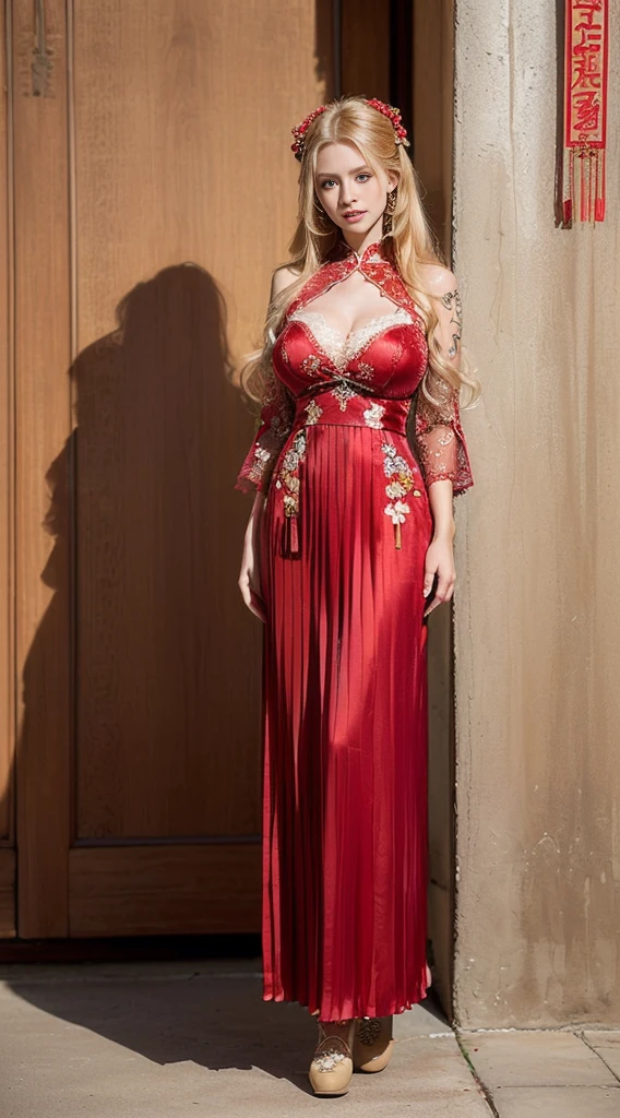 Masterpiece, 1 Girl, Beautiful Face ((((A Chinese-inspired dress featuring lace elements at the neckline and cuffs, a traditional moire pattern, details including pleats, embroidery and beads. The fabric is silk and crepe))),(((red Ballgown Dresses))), ((with bows or flowers at the waist or neckline)),(Full Body:1.5),(cute face:1.3),(huge breasts:1.3),(long blonde hair:1.3)