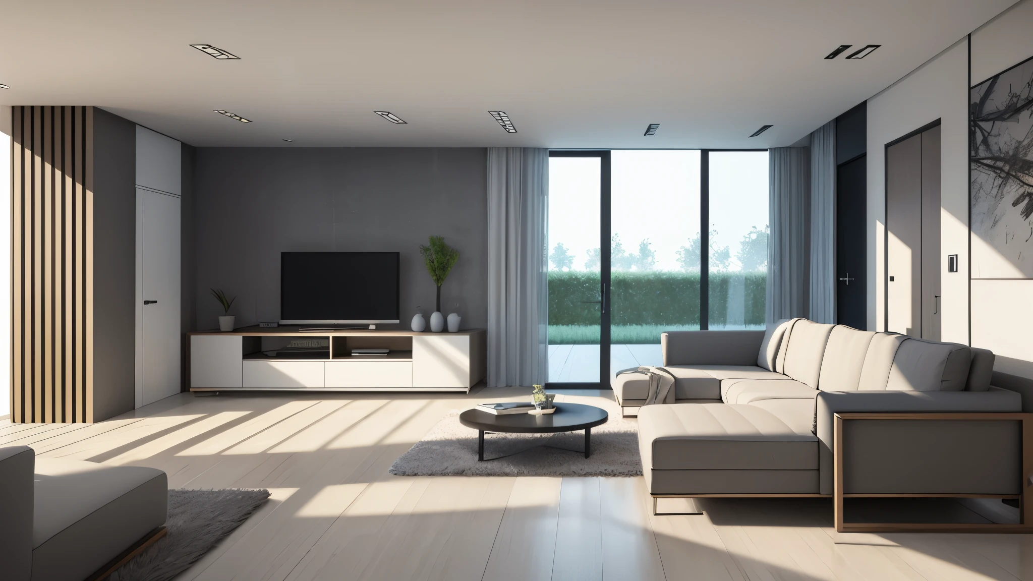 You are a famous interior designer、You have been asked to create a 3D image of a modern large room. Create a harmonious environment with modern and minimalist furniture. Including garden interior.