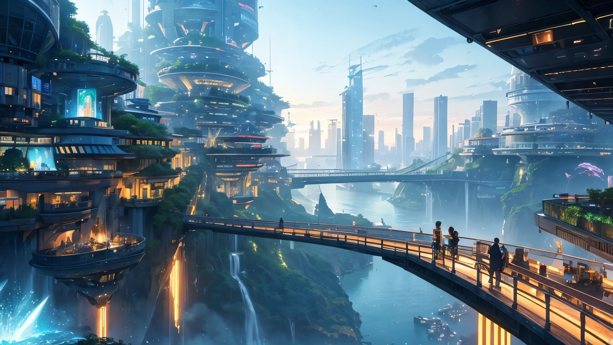 Best quality, 16K UHD, ultra-detailed, photorealistic masterpiece: 1.5,
Futuristic floating city, epic sunrise, rhythmic pulsing lights,
Huge urban high-tech tablet platform, airship docking, advanced architecture,
Suspended parking, transparent path, lush greenery, cascading waterfalls,
Majestic skyline, reflections shimmering on the water, dazzling light display,
Futuristic technology, minimalist design, scenic spots, panoramic view,
Sky gardens, colorful neon lights, innovative energy, sustainable development,
Smart city technology, global
