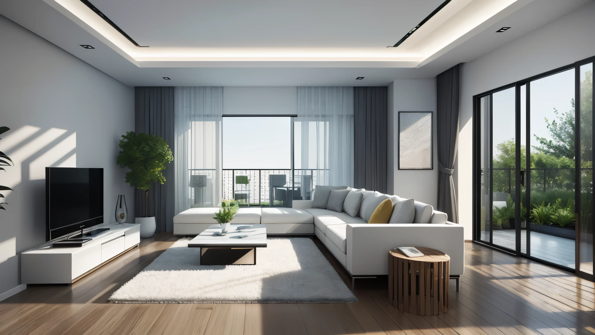 You are a famous interior designer、You have been asked to create a 3D image of a modern large room. Create a harmonious environment with modern and minimalist furniture. Including garden interior.