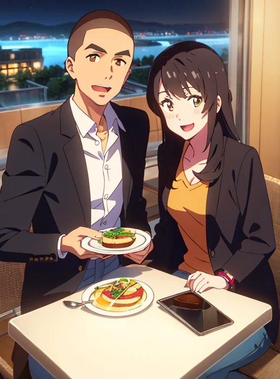 shinkai makoto, kimi no na wa., 1boy, buzzcut, black coat, open clothes, blue shirt, gray pants, close eyes, 1girl, bangs, black hair, open eyes, brown eyes, waterfall braid, red ribbon, long hair, light cardigan pink, open shirt, yellow shirt, orange pants, looking at the viewer, cute, smile, open mouth, :D, couple, sitting, long sleeves, bracelet, night, dynamic lights, indoors, cafe, resto, foods, drinks, table and chair, tray, tray in one hand
