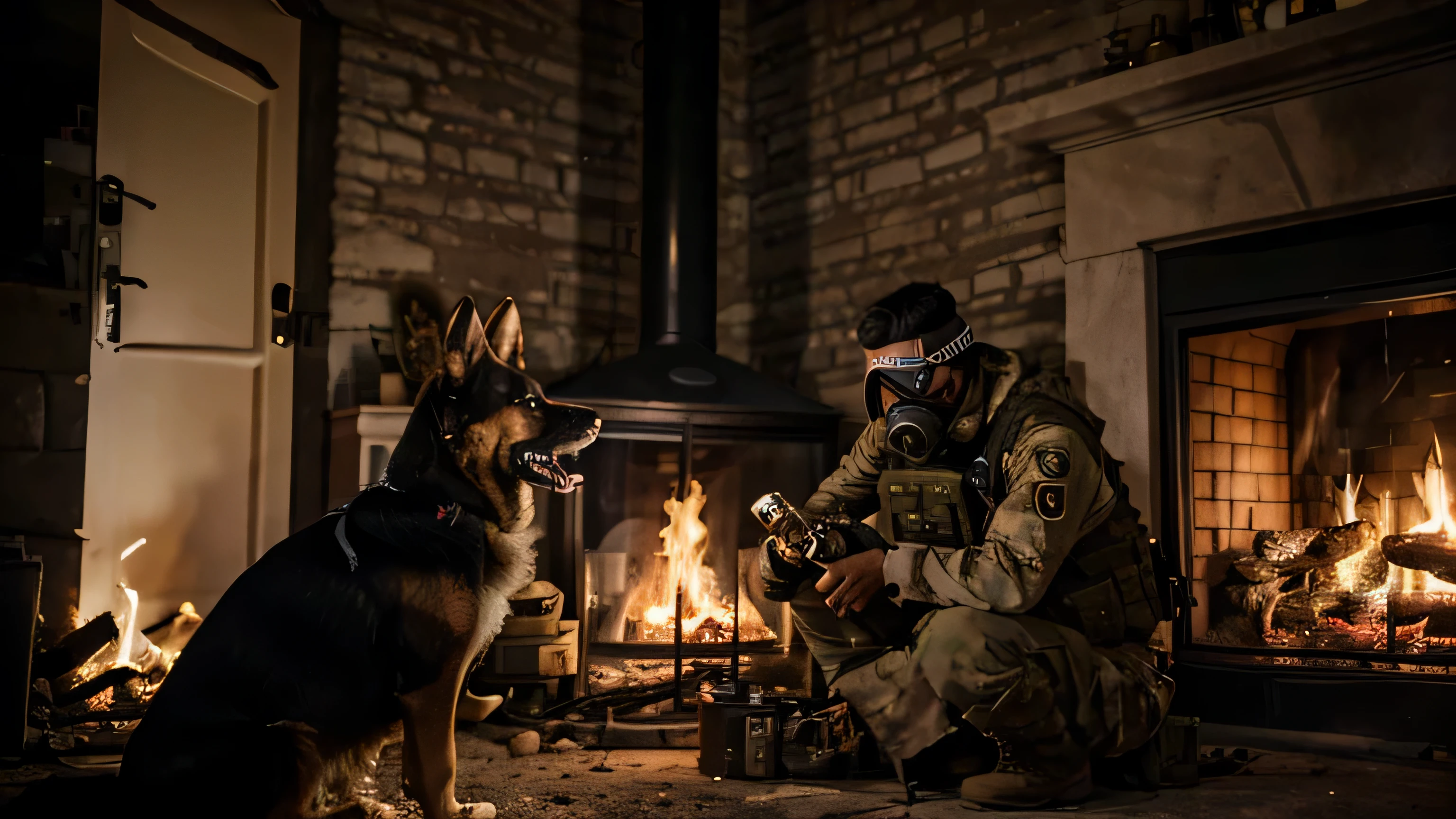 military zone as the background, and in focus a survivor using a gas mask close to a fireplace and accompanied by a dog. German shepherd breed preparing a can of sardines to eat