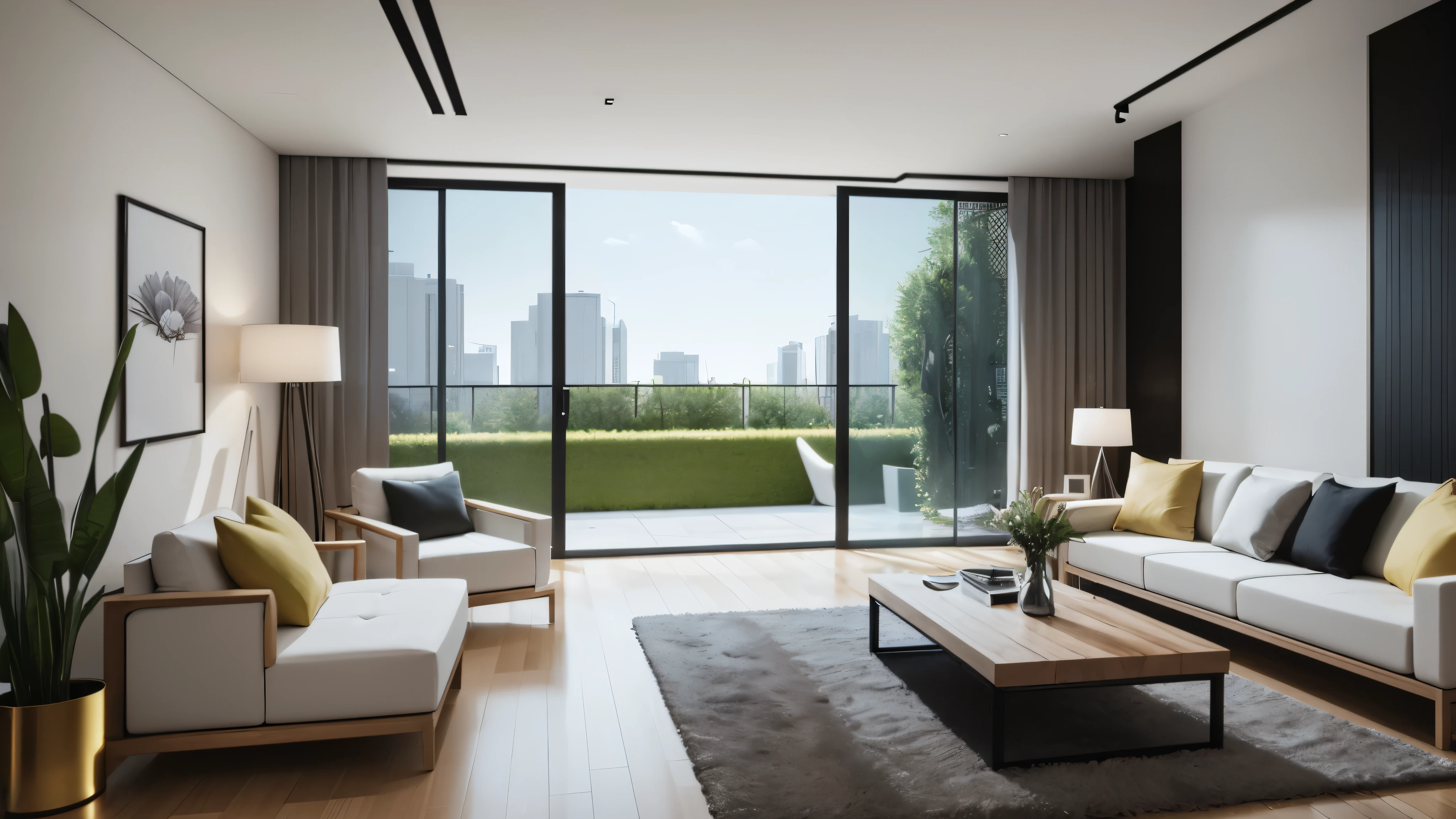 You are a famous interior designer、You have been asked to create a 3D image of a modern large room. Create a harmonious environment with modern and minimalist furniture. Including garden interior.
