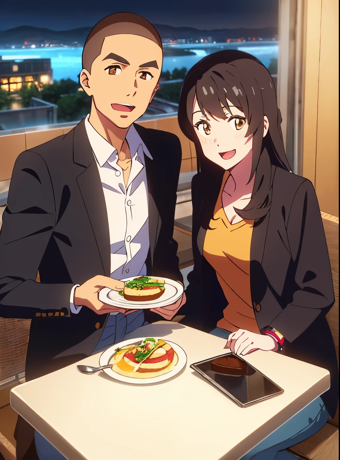 shinkai makoto, kimi no na wa., 1boy, buzzcut, black coat, open clothes, blue shirt, gray pants, close eyes, 1girl, bangs, black hair, open eyes, brown eyes, waterfall braid, red ribbon, long hair, light cardigan pink, open shirt, yellow shirt, orange pants, looking at the viewer, cute, smile, open mouth, :D, couple, sitting, long sleeves, bracelet, night, dynamic lights, indoors, cafe, resto, foods, drinks, table and chair, tray, tray in one hand