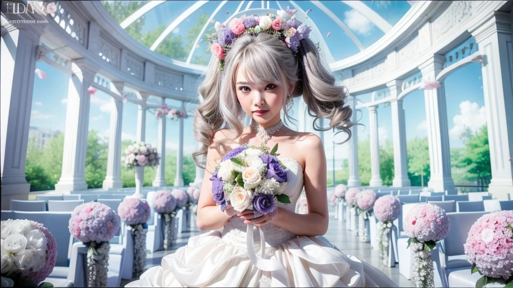 woman in a wedding dress holding a bouquet of flowers, red eyes, drill hair, normal eyes, grey hair, wedding dress, arround pillar