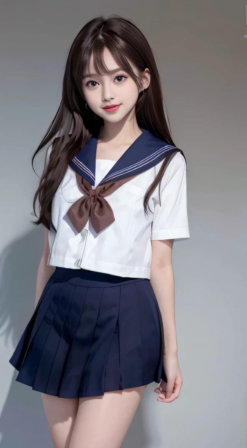 ( girl), (medium breasts), (Japan Schoolgirls), (white teeth), (smile:1.2), (laughter:1.2), (brown hair:1.4), (bright hair), dull bangs, hair behind the ear, shoulder hair, (black eye), (Big eyes:1.2), (long hair), ( slender body shape), delicate lips, (beautiful eyes), light blush, brown eyes, (shiny skin, perfect skin :1.3), (sailor suit:1.3, Flared skirt in navy blue)