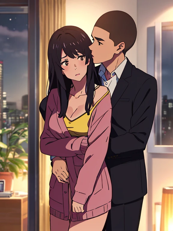 shinkai makoto, kimi no na wa., 1boy, buzzcut,office suit, boy caressing girl's body, kiss cheeks, passionate hug, boy is hugging from behind, boy touching girl's chest, 1girl, bangs, black hair, brown eyes, partled lips, Twisted Half Up, red ribbon, long hair, long sleeve light pink cardigan, open shirt, yellow shirt, cleavage, breast, medium breast, bedroom room,night, indoors, masterpiece, perfect anatomy, cowboyshot