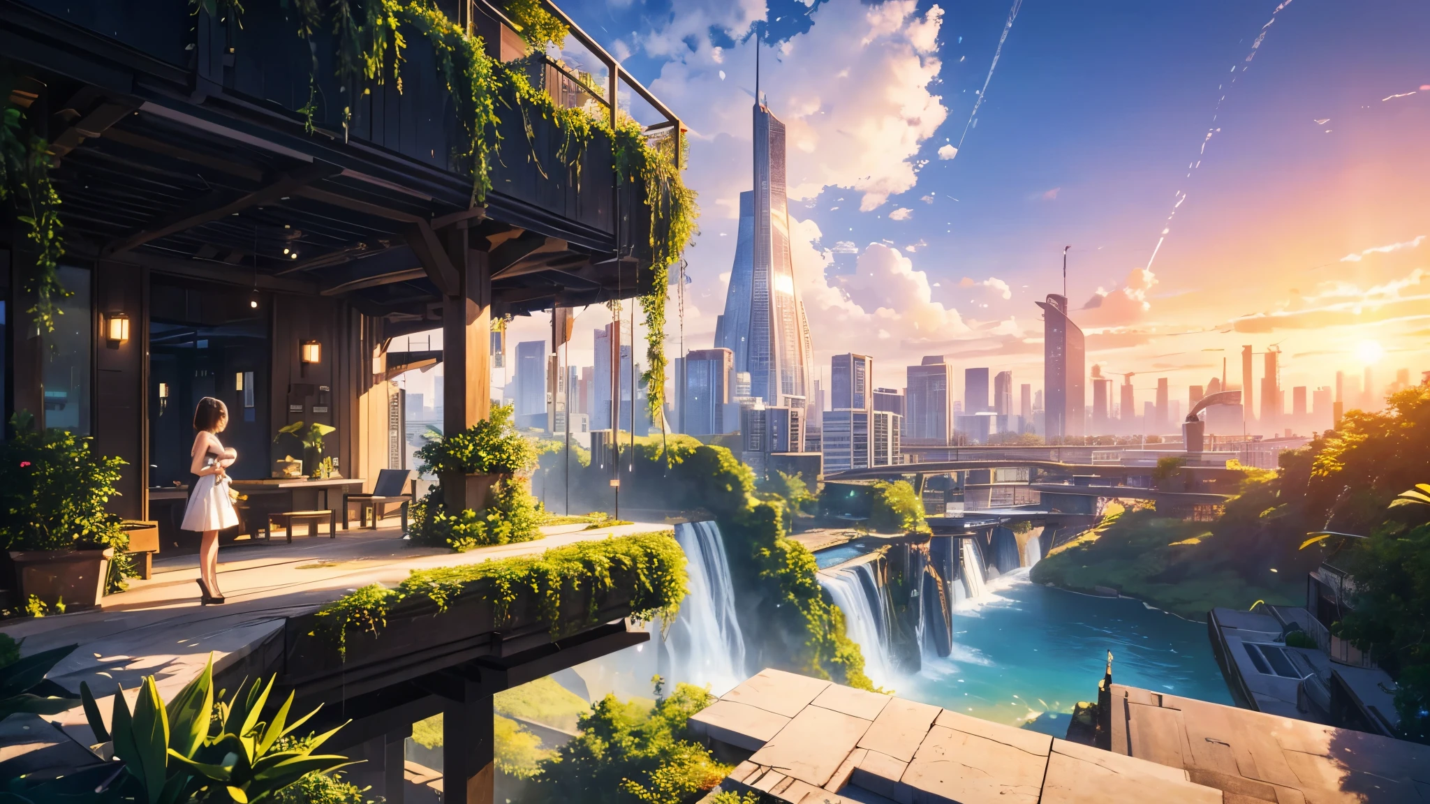 masterpiece, best quality, 16K UHD,
futuristic floating city,
contemplating the scenic beauty,
a girl in a futuristic outfit with short bobbed hair,
ultra-detailed, photo-realistic,
huge urban high-tech tablet platform,
advanced architecture blending seamlessly with nature,
surrounded by small airships and colorful lights,
transparent pathway leading to the building,
lush greenery and cascading waterfalls,
epic sunset illuminating the magnificent skyline,
sparkling river reflecting the vibrant colors,
minimalist design with harmony and sustainability,