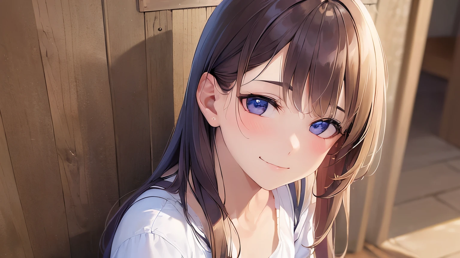 looking up, Realistic, real person, RAW photo, photorealistic, portrait photography, shiny skin, japanese idol、A 25-year-old woman with medium-long hair with bright chestnut bangs.、(wearing a white shirt:1.5)、sitting、(sad smile:1.5), open mouth, Alone、The background is a yakiniku restaurant