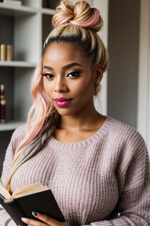 ((best quality)), ((masterpiece)), (detailed), perfect face, black woman with long pink and blonde hair in an updo with 2 buns, curvy and fit physique, pink lipstick, wearing a gray sweater, reading a book