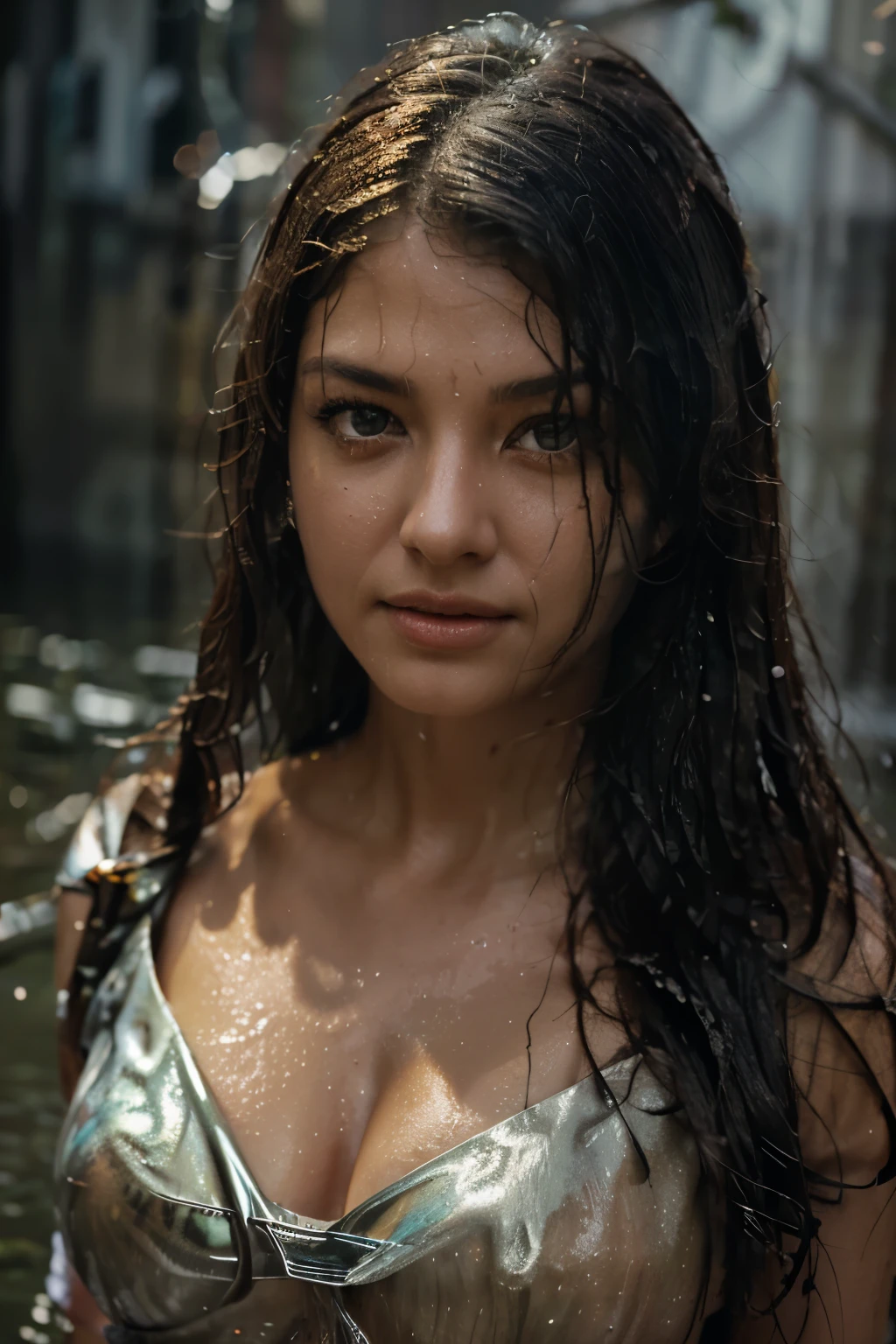 extreme close up, double exposure,beautiful woman in the rain, detailed raindrops running down her face, wet hair, wet clothes stuck to her body, super detailed photography, Play of light in the sun rain, downpour, ((a drop of water falling from a height onto the surface of the water)), splashes, luminism, intricate, 4k concept art volumetric light, unrealistic engine, global illumination, detailed environment