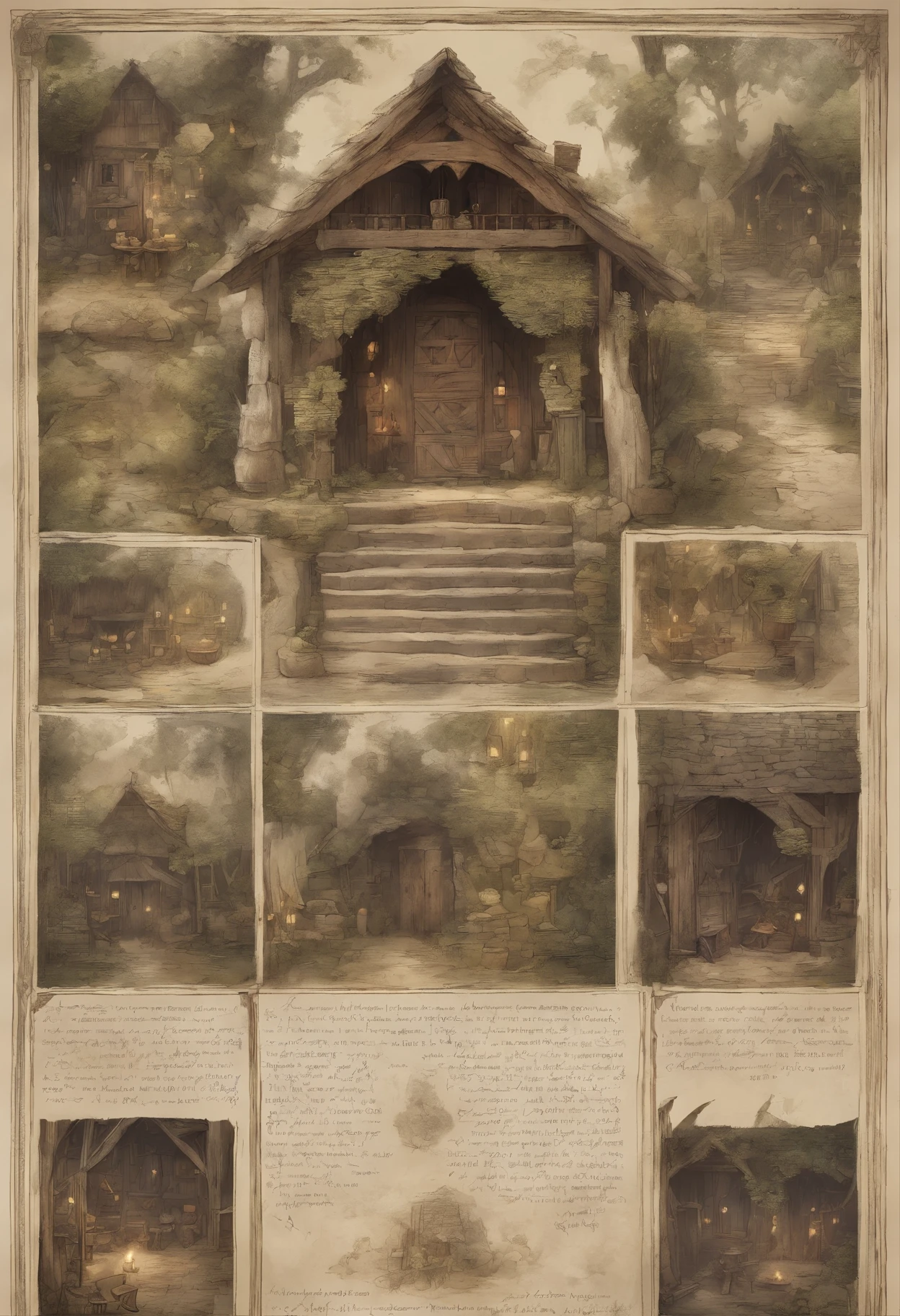 A bird&#39;s-eye view shot from above by drone, Battle map inside a medieval fantasy hut, (Great roots of dark magic sprout from the west:1.2), (The air is filled with black necromancy.:1.2), wicker furniture,  door facing north, Mezzanine sleeping area, dungeons and dragons, final fantasy, game art, (Coherent architecture and interior decoration, Has realistic proportions and textures, intricate details, Hand Painted, energetic, Cinema lighting, masterpiece, 8k:1.2)