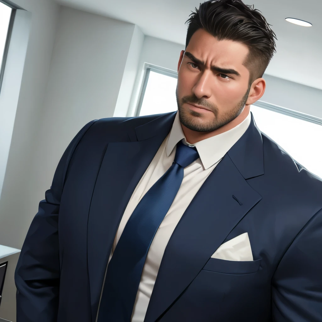(highest quality:1.5), (masterpiece:1.5), (large private office:1.2), white wall, skyscraper, (Japanese:1.2), hot guy, solo, navy blue suit, Navy blue tie, male, (macho:1.3), (huge body:1.2), 38 years old, short hair, [short beard:0.9], Are standing, (from front:1.2), (expression of agony:1.3), (close-up face:1.1), looking at the camera