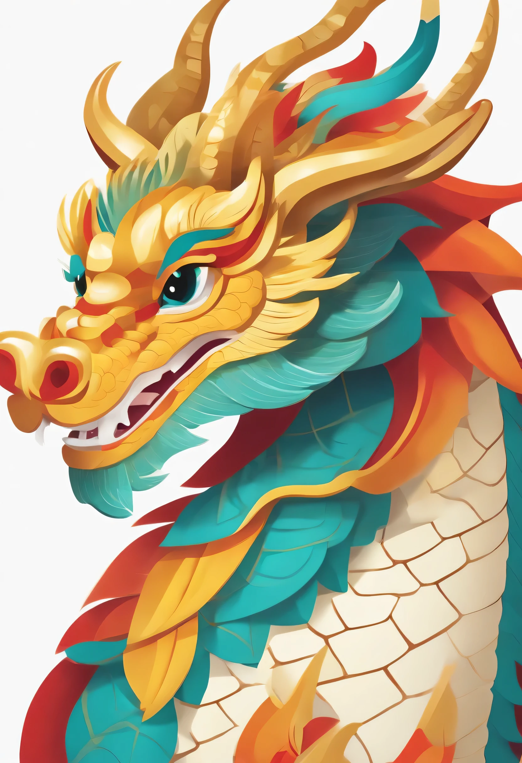 Cute Chinese dragon side portrait, cute dragon, flat illustration, vectorial, Yue Xiaofei style, Colorful whimsy, geometry, bright colors, cartoon, white background--ar 3:4