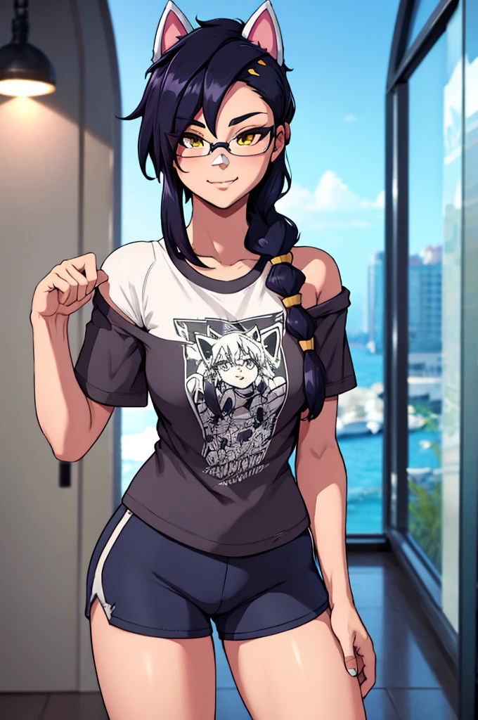 Erisa, 1girl, solo, long hair, looking at viewer, black hair, bandaid on face, yellow eyes, animal ears, smile, bandaid on nose, braid, cat ears, bandaid, bangs, breasts, fake animal ears, simple background, fang, bare shoulders, scar, teeth, shirt, tight shirt, bare shoulders, black shirt, short sleeves, closed mouth, t-shirt, hair over one eye, night city view, portrait, hair over shoulder, shorts, skin tight shirt, tight shorts, butt, wet shirt, legs, glasses, seductive, realistic, best quality, masterpiece, ultra detail, ultra high res, extreme detail, 8k