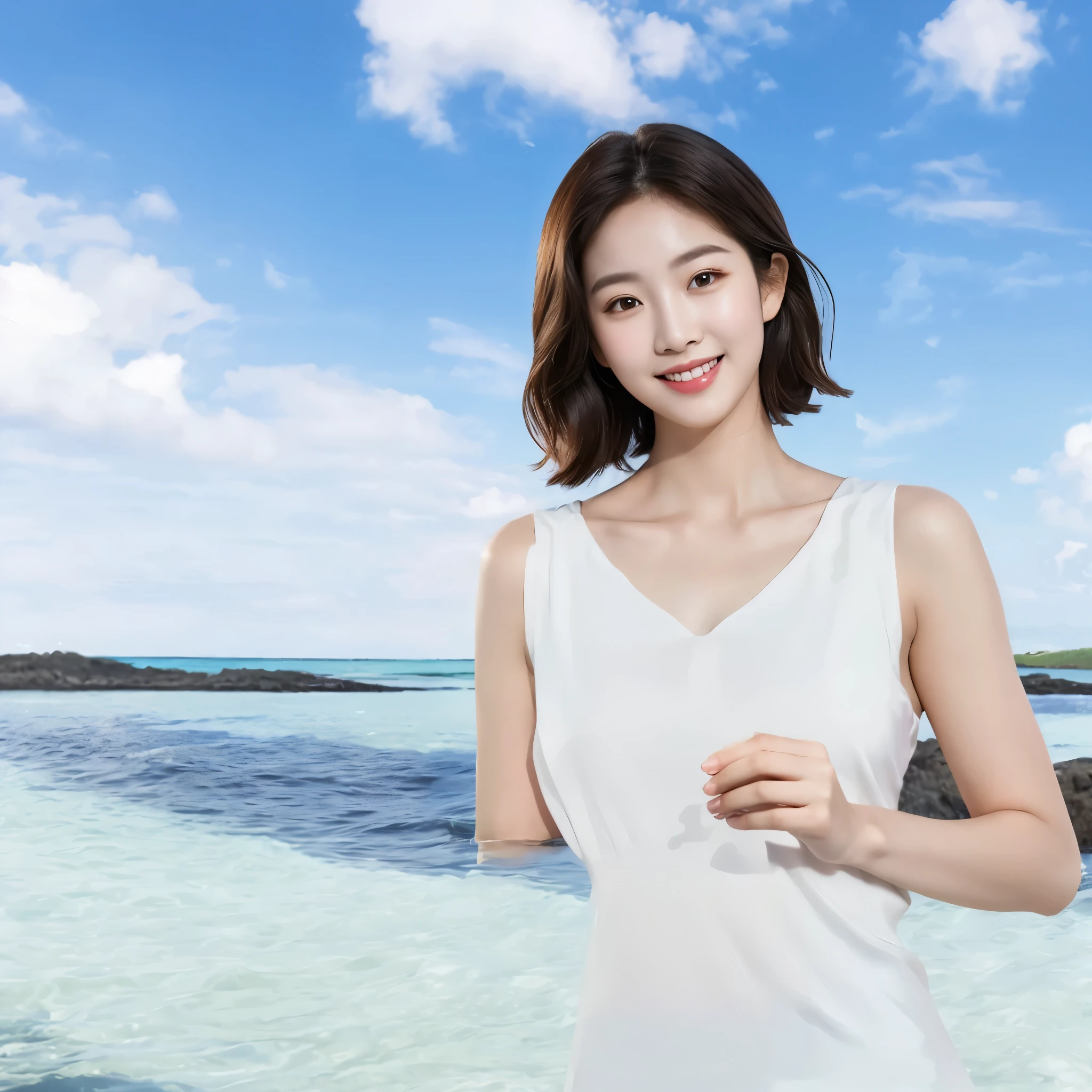 (In reality, high resolution:1.3, masterpiece, 8K, best quality, ultra detailed, dramatic lighting), smiling korean girl standing front clean sea, very beautiful face, (photo realistic:1.4), studio shoot,pictorial,photography, long wavy hair