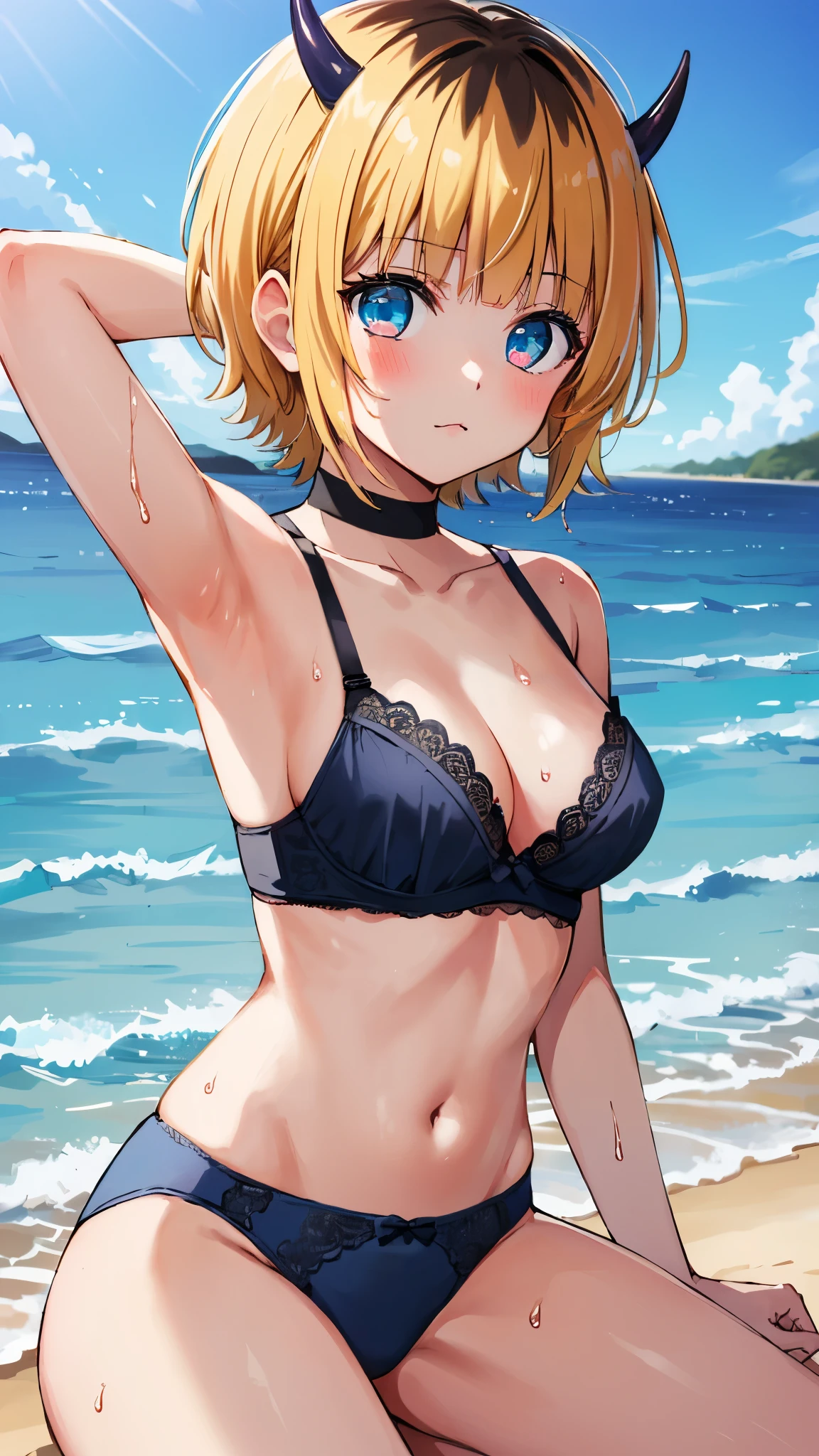 1 girl, MEMcho, blonde hair, blue eyes, dull bangs, demon horn, fake horn, horn, short hair,
break ((blue black bra、blue black panties)), medium breasts, naked, Exposed skin, wet skin, (arm behind head, armpit),
break sea, beach, 
break looking at viewer, 
break (masterpiece:1.2), highest quality, High resolution, unity 8k wallpaper, (figure:0.8), (beautiful and fine eyes:1.6), highly detailed face, perfect lighting, Very detailed CG, (perfect hands, perfect anatomy)