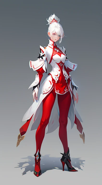 a girl, white hair, game character, Art Design, standing posture,High heel,red clothes,