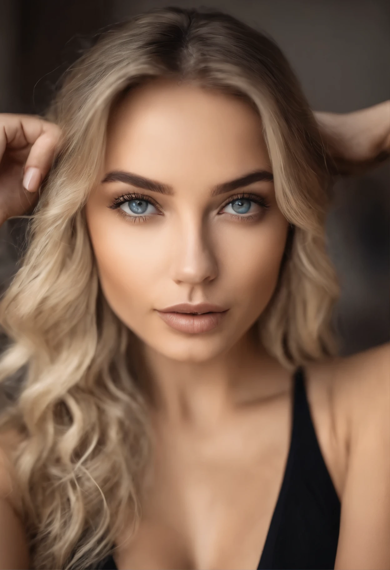 woman with matching tank top and panties, fille sexy aux yeux bleus, Portrait Sophie Mudd, Portrait de Corinna Kopf, cheveux blonds et grands yeux, selfie of a young woman, ohne Maquillage, maquillage naturel, Look directly into the camera, Visage avec Artgram, dezentes Maquillage, Superbe photo du corps entier, dans la chambre, gros seins, Blonde, Latin